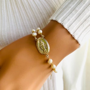 Gold Rosary Bracelet Pearl Rosary Bracelet Sterling Silver Pearls Bracelets Large Miraculous Ste Women Religious Bracelets Rosaries Jewelry
