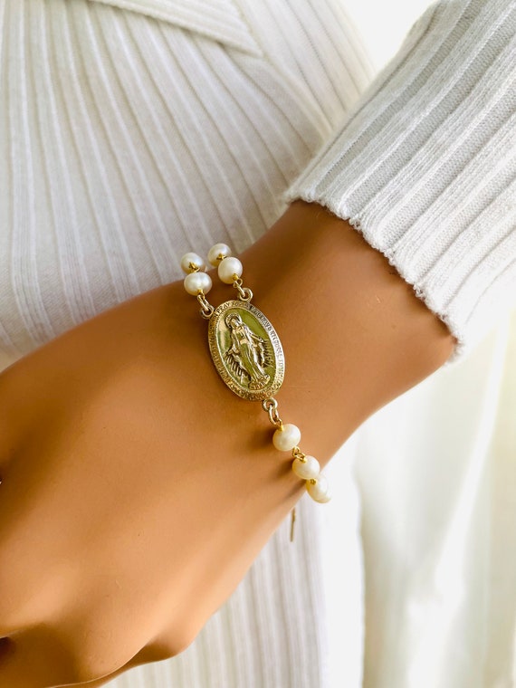 Gold Rosary Bracelet Pearl Rosary Bracelet Sterling Silver Pearls Bracelets Large Miraculous Ste Women Religious Bracelets Rosaries Jewelry