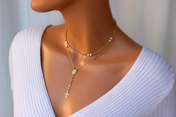 Gold Rosary Necklace Women Mary Miraculous Medal Choker Chain 14K Gold Filled Disc Cross Necklaces Catholic Jewelry Gift READ DESCRIPTION