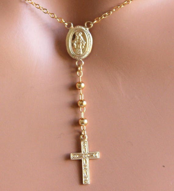 Rosary Necklace Gold Filled Choker Necklaces Women Confirmation Gift Spiritual Jewelry Catholic Christian Cross Lariat