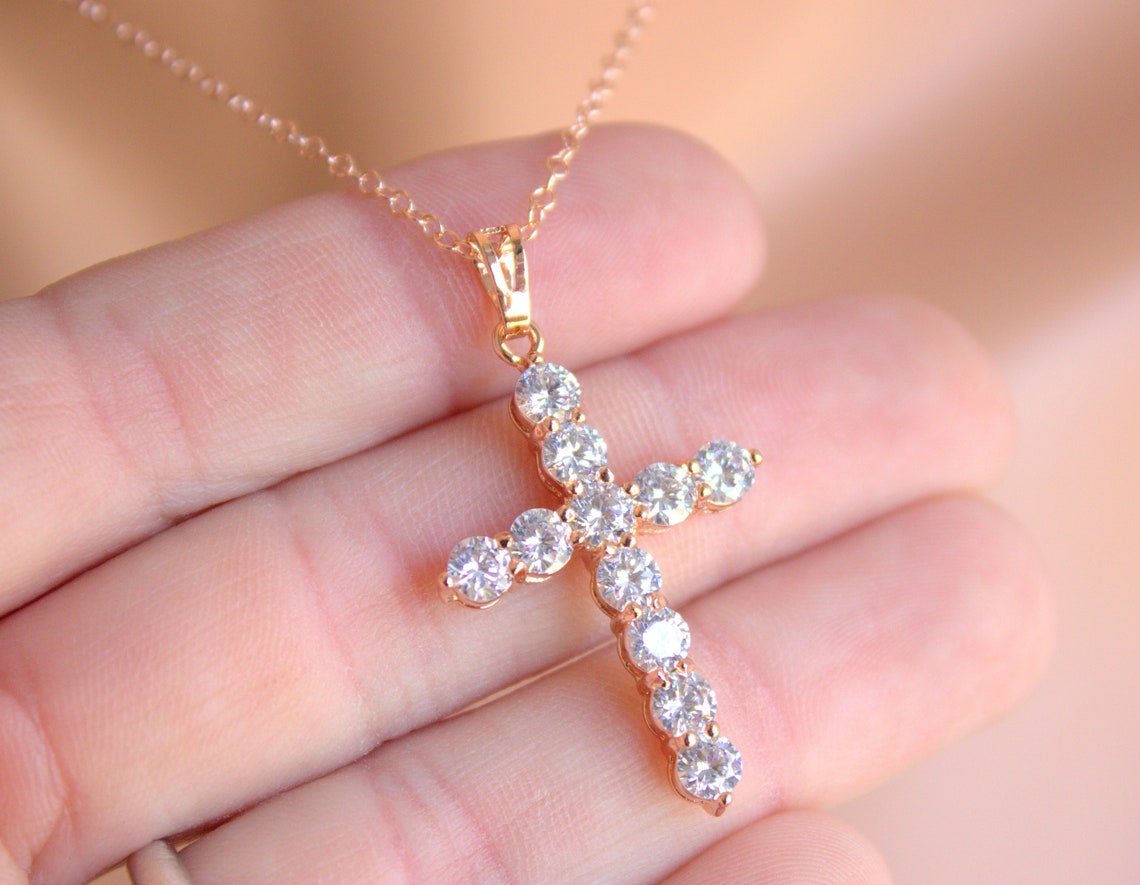 Large Rosegold Crystal Cross Pendant Necklace Women Christian Etsy