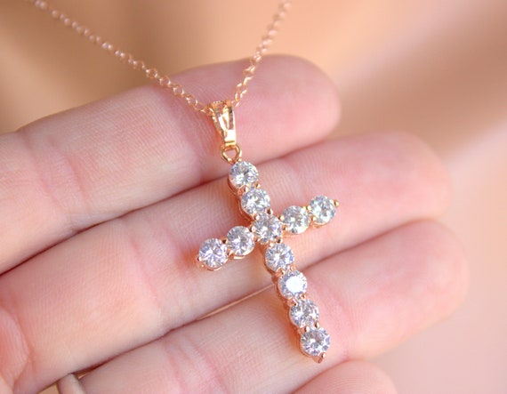 Large Rosegold Crystal Cross Pendant  Necklace Women Christian JewelryGift High Quality