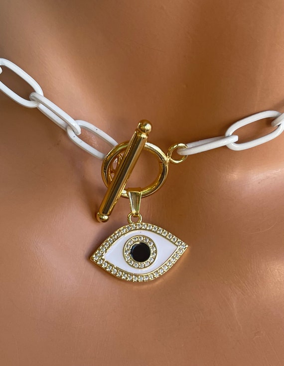SALE Gold Evil Eye Choker Necklace Women Crystal Black Eye Charm Gold Filled White Chain Necklaces Large Evil Eye Pendant CZ Toggle Front