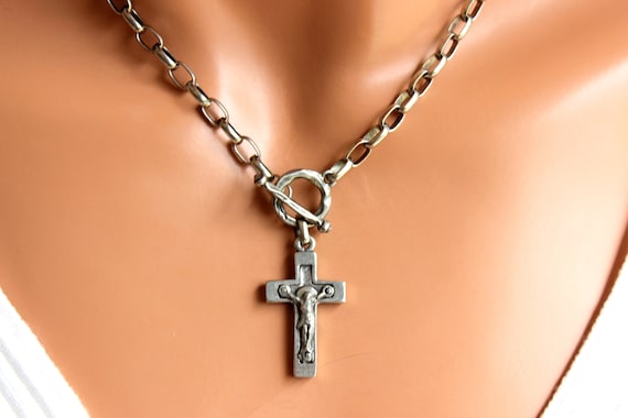 Oxidized Silver Crucifix Cross Necklace Men Unisex Women Steel Large Silver Chain Choker Toggle Front Religious Jewelry Gift Catholic