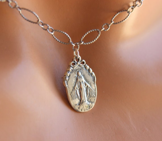 Oxidized 925 Sterling Silver Virgin Mary Choker Necklace Women Girls Texture Long Link Chain Jewelry Silver Chain Religoius Gift Catholic
