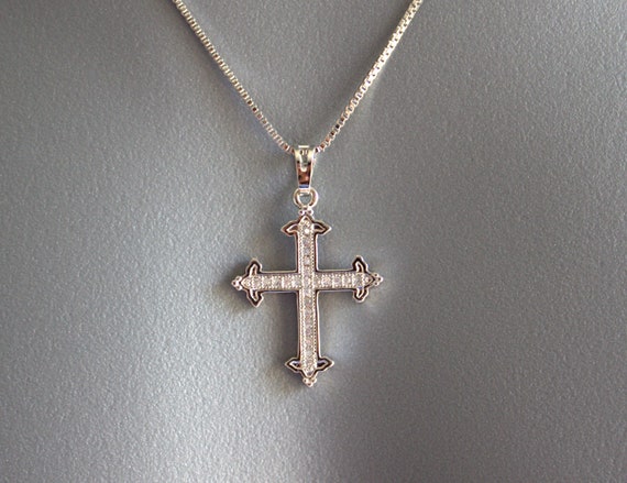 White Gold Filled Cross Necklace Men Women Large Maltese Cross Pendant Christian Catholic Jewelry