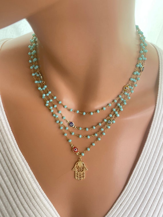 Gold hamsa necklace multi strand Turquoise Aqua gold filled Hamsa, pendant, necklace, evil eye, necklaces, women, jewelry, gift, pearls