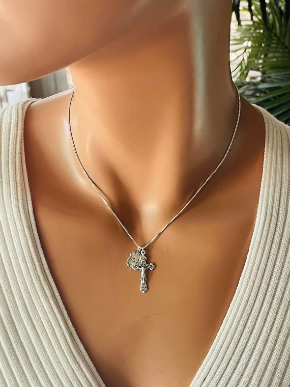 Sterling silver crucifix pendant necklace Saint Michael charm necklace women girls protection jewelry double charm necklace gift BOX CHAIN