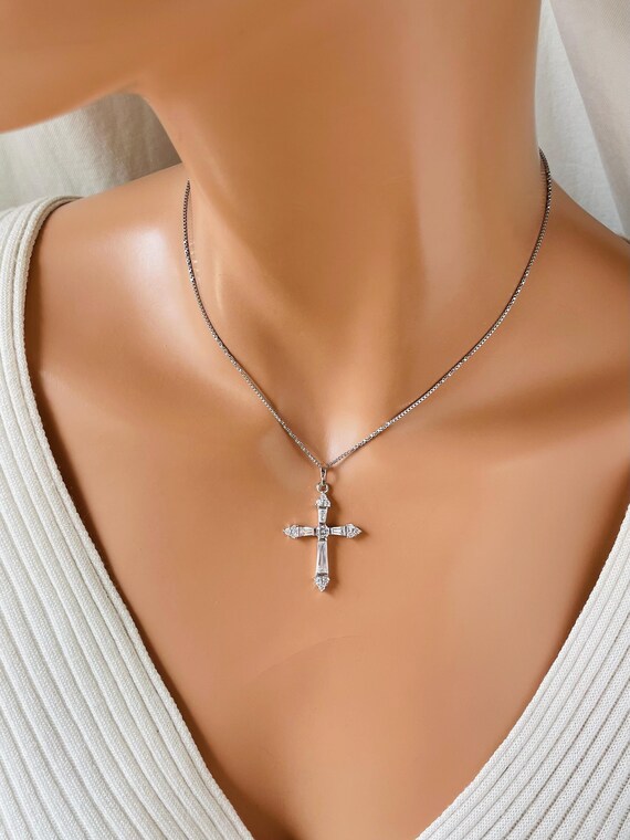 Crystal Cross Necklace: 14k White Gold Filled Pendant, Religious