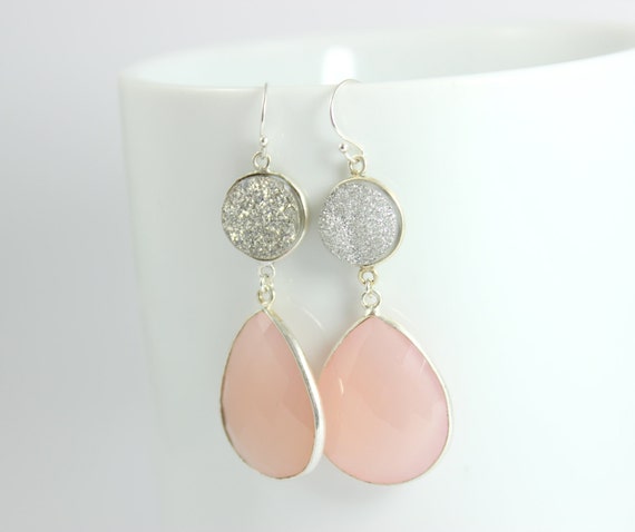 Bezel Earrings Rose Chalcedony Women Druzy Drop Sterling Silver  Pink Earring Chandelier Sparkling Dangling Jewelry Gift