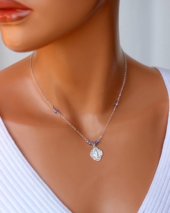 Sterling Silver Mother Mary Charm Necklace Miraculous Medal Pendant Necklaces Gold Virgin Mary Charm Necklaces Blue Crystal Gift Women