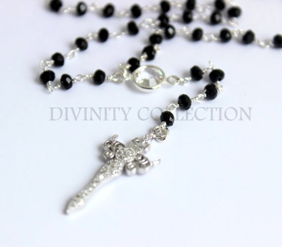 Dagger Rosary Style Necklace 925 Sterling Silver Black Spinel Crystal Sword Pendant Women Y Style Jewelry Custom Necklaces Gift for her.