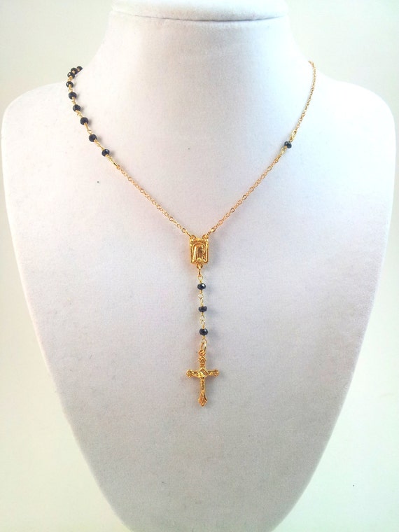 Necklace Rosary Gold Filled Black Spinel Crucifix Cross Y