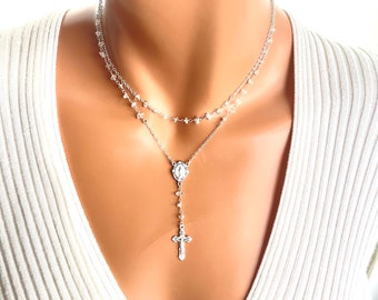 Sterling silver rosary necklace Herkimer Diamond necklaces Mary miraculous Jesus crucifix  cross charm multi strand religious jewelry gift