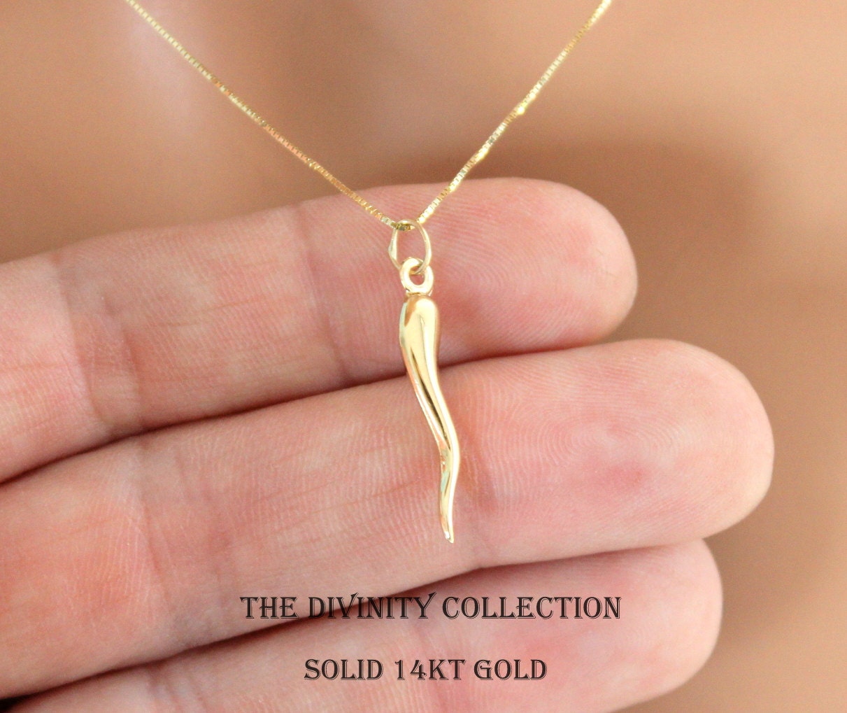 REAL 14KT GOLD Italian Horn Pendant Necklace Women Etsy