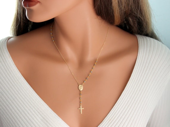 Rosary Necklace Unique Y Style Cross Miraculous Gold Filled Labradorite Gemstone Simple Delicate 7 5 3 Symbloic Jewelry Gift for her