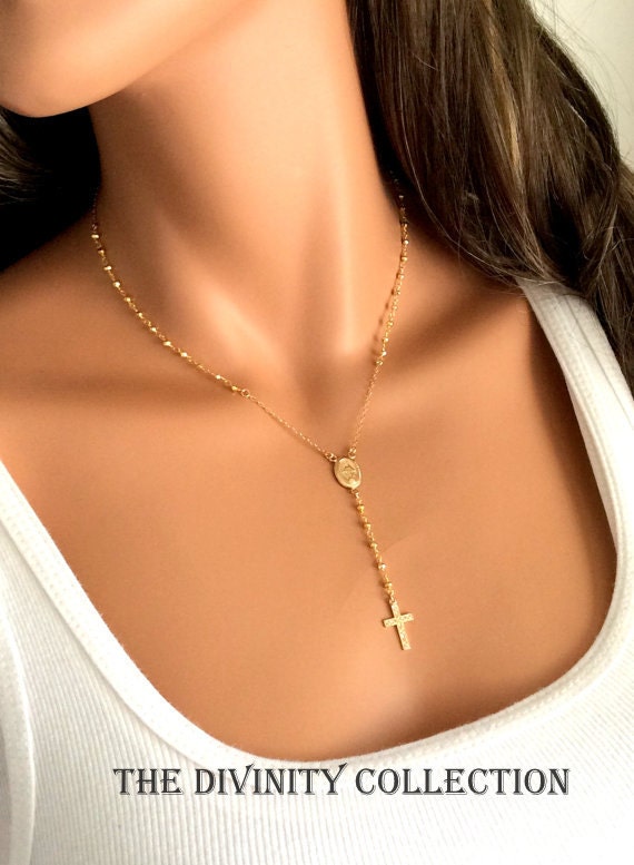 Gold Rosary Necklace 14kt Gold filled Long Custom Rosaries Jewelry Cross Necklaces Women Religious Catholic Confirmation Gift 3mm beads