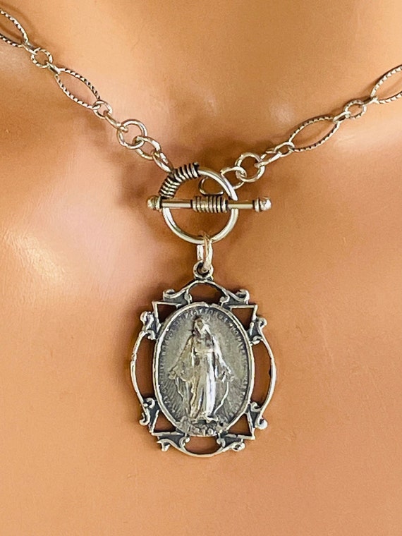 Sterling Silver Mary Pendant Necklace Women Miraculous Medal Necklaces Oxidized Silver Chain Jewelry Choker Large Religious Gift