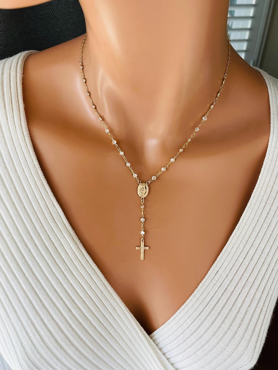 14K Gold Filled Rosary Necklace: CZ Cross, Miraculous Mary Center