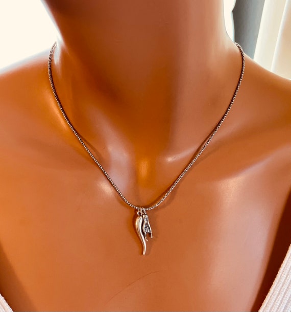 Oxidized Sterling silver Mano cornuto charm necklace 1.6mm rope chain cornicello Italian pride men women protection Necklace luck gift Italy