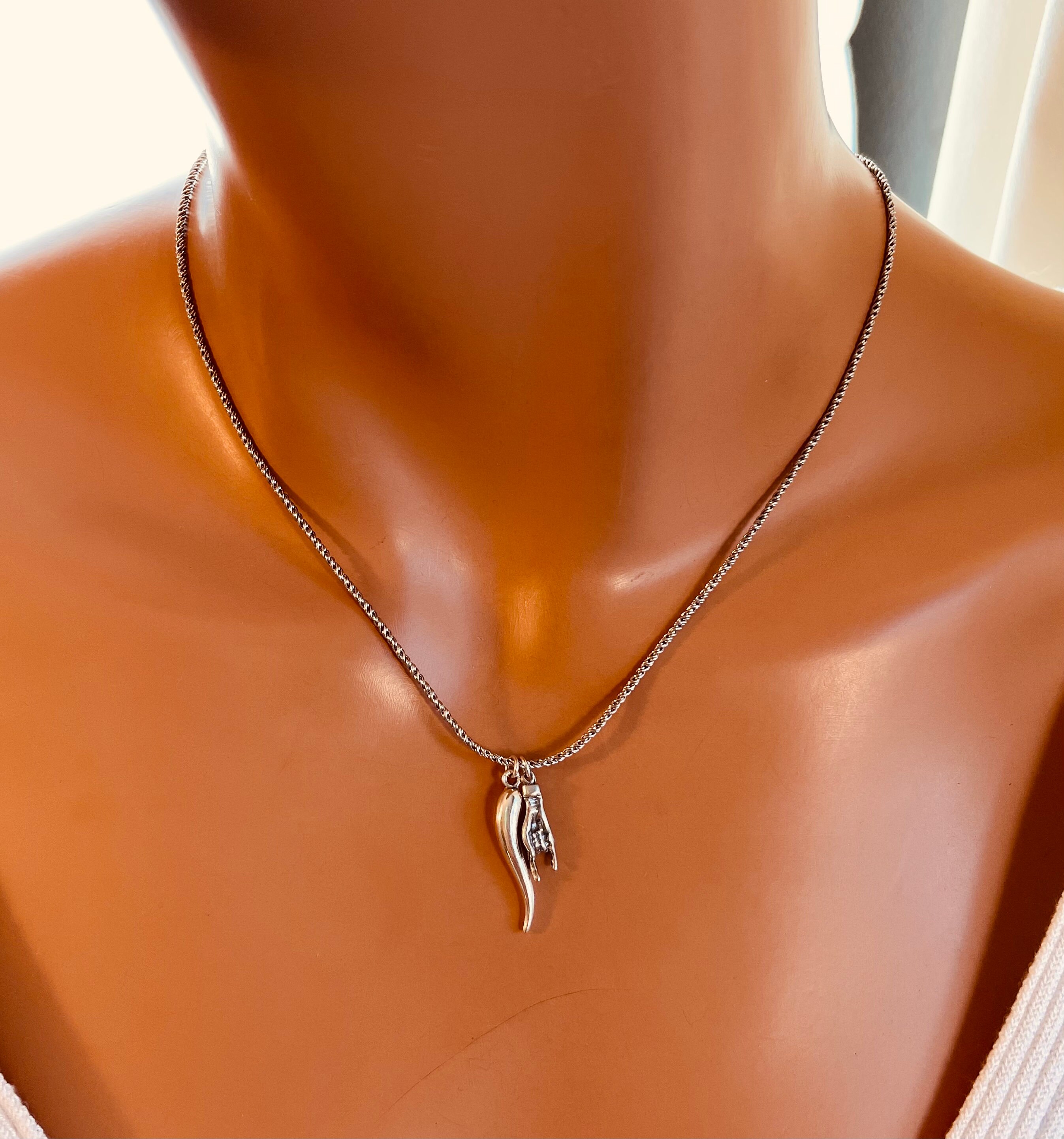 Oxidized Sterling Silver Mano Cornuto Charm Necklace Rope Chain