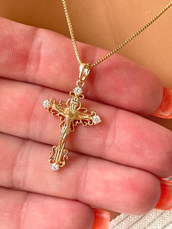 18k Gold filled Crucifix Cross Necklace Large Jesus Cross Charm Catholic Box chain Gold Cross Necklaces Women Confirmation READ DESCRIPTION