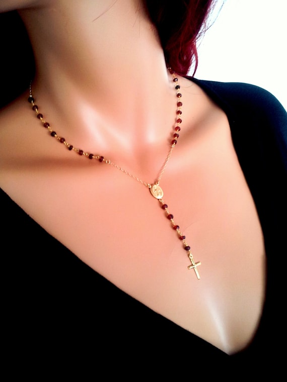 Gold Rosary Necklace Garnet Gemstone 14kt Gold filled Cross Pendant Rosaries Miraculous Medal Small Cross Necklace