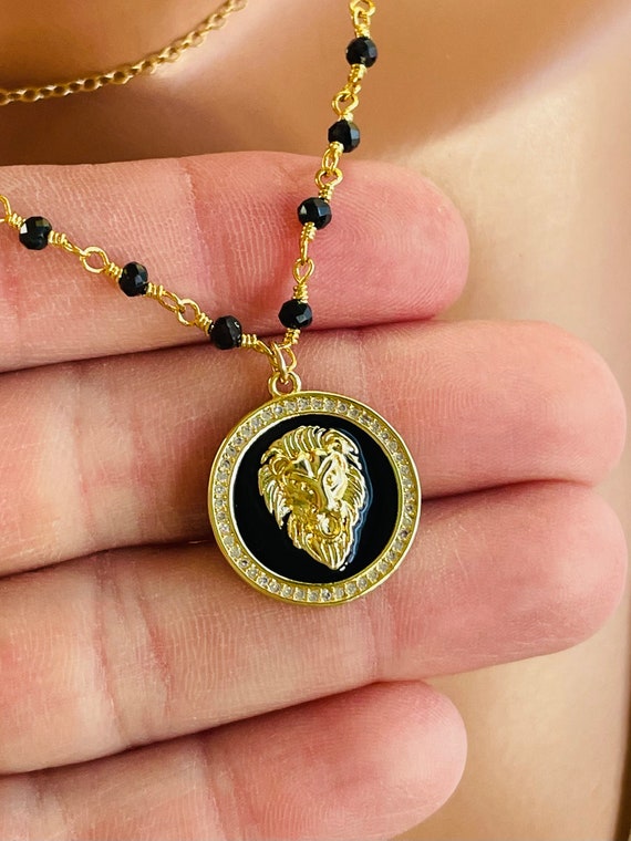 SALE Gold lion pendant necklace women 14k Gold filled charm necklace multi strand black beads jewelry lion charm necklaces gift