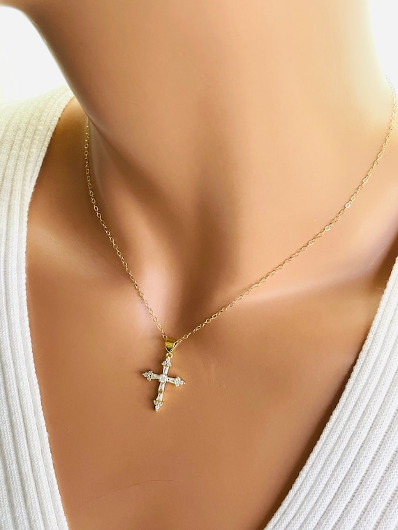 Gold Crystal Cross Necklace Women Girls Small Gold Filled Cross Charm Necklace Choker Christian Jewelry Confirmation Gift For Her