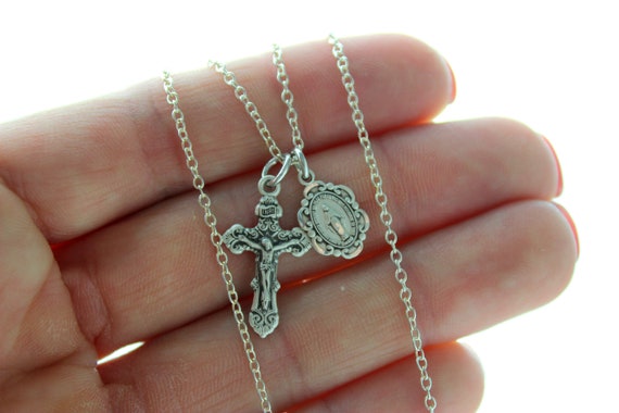 Sterling Silver Crucifix Cross Double Charm Necklace Women  Catholic Jewelry Superb Girls Confirmation Gift