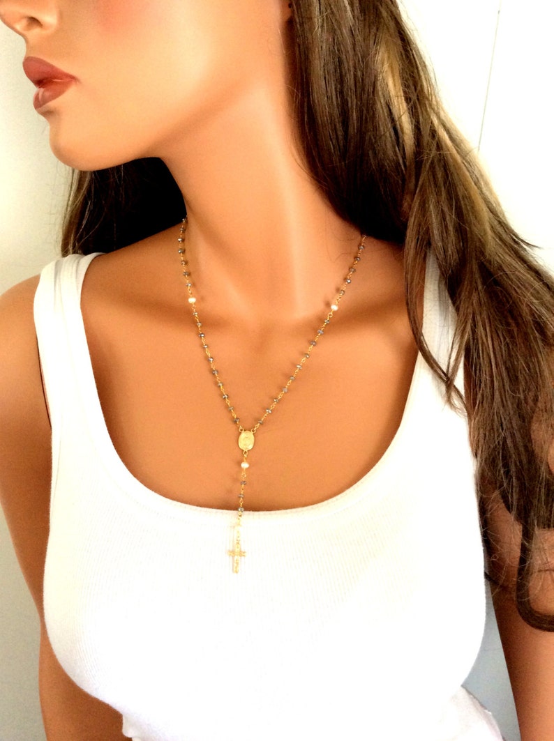 Labradorite Rosary Necklace Pearl 14kt Gold Filled Women Cross Y Necklaces Custom Rosaries Spiritual Jewelry