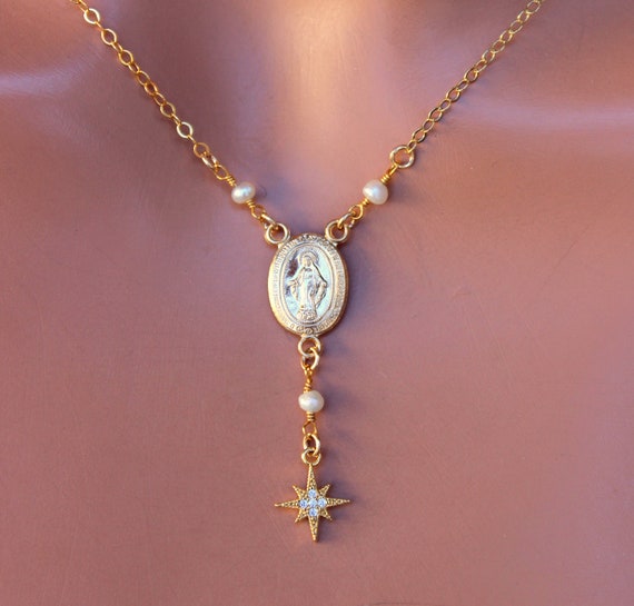 Gold miraculous charm necklace with tiny pearls and star for women girls lariat Necklace, Virgin, Mary