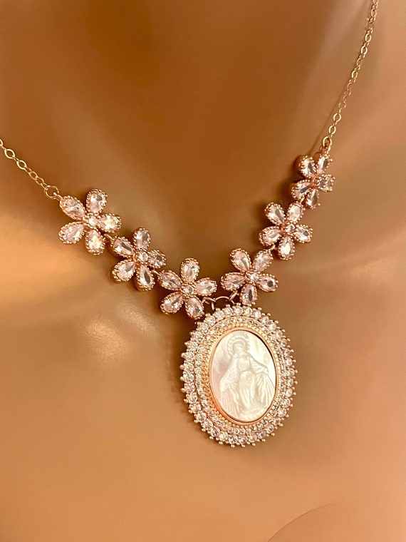 Rose Gold Miraculous Necklace Women Mother of Pearl Shell Mary Gold Filled Sterling Silver Miraculous Necklaces Jewelry Gift Religious