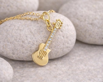 Collar con dije de guitarra chapado en oro de 14 k, regalo para músicos, cadena tipo cable.