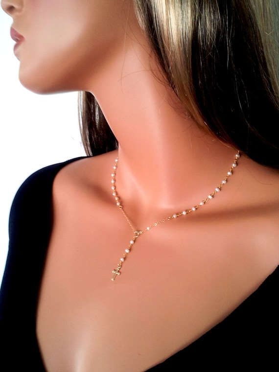 Petite Pearl Rosary Necklace Girls Womens Cross Rosaries 14kt Gold Filled Pearls READ DESCRIPTION