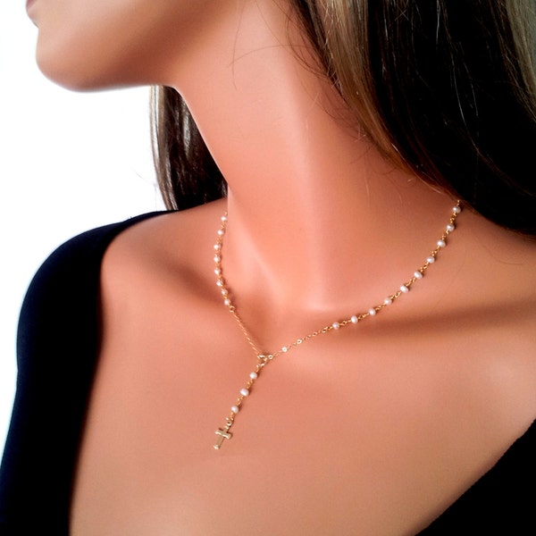 Catholic Rosary Necklace - Cream White Pearl Beads With Gold Plated Crucifix, 26 Inch