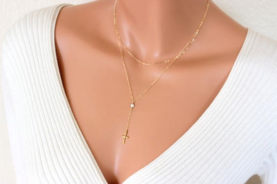 Cross Necklace Rosary Multi Strand Y Style Gold Filled Cross Necklaces  Crystal Jewelry Women  Gift Protection Pendant Charm
