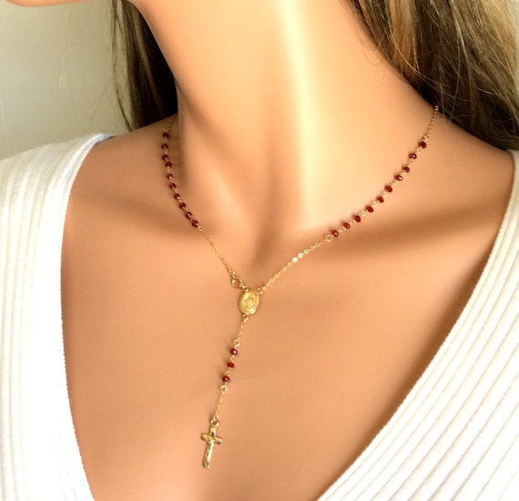 BEST SELLER Gold Rosary Necklace Women Cross Charm Red Crystals Christian Catholic Jewelry Confirmation Christmas Gift