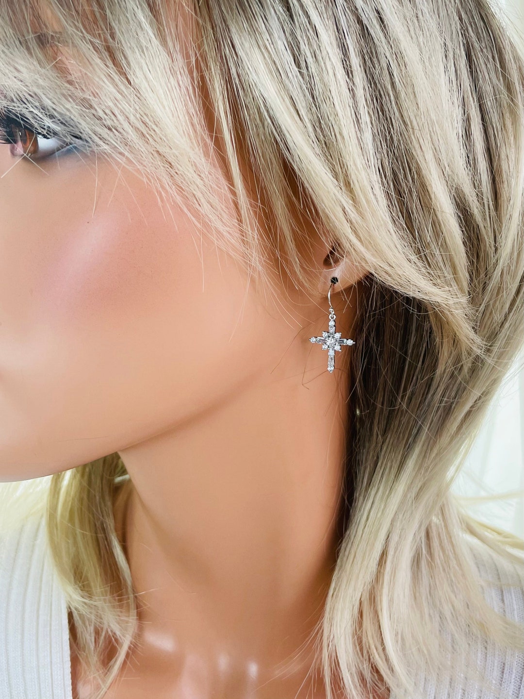 Silver Cross Earrings Crystal Cross Earrings Dangling Etsy