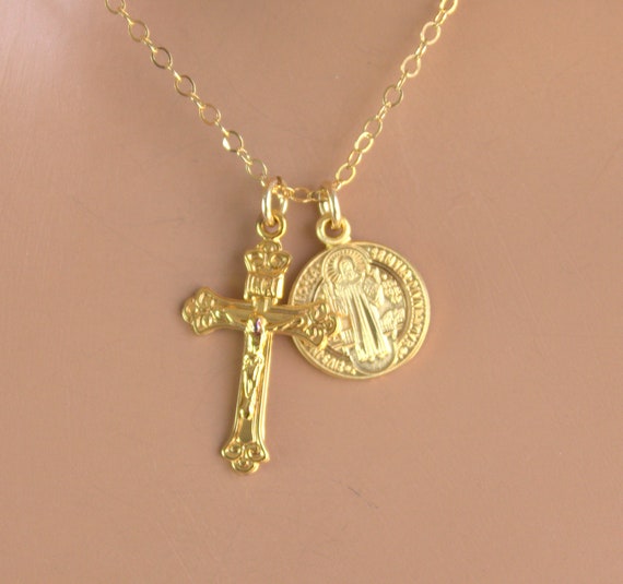 BEST SELLER Gold Crucifix Cross Necklace Double Charm Saint Benedict Necklaces Catholic Jewelry Gift Women Girls Sterling Silver