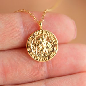 Gold Saint Christopher Charm Necklace Women Round Coin Charm Patron Saint St Christopher Necklace Protection Necklace Catholic Jewelry Gift