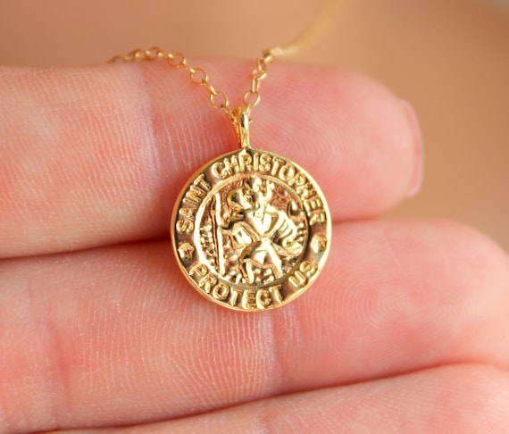 Gold Saint Christopher Charm Necklace Women Round Coin Charm Patron Saint St Christopher Necklace Protection Necklace Catholic Jewelry Gift