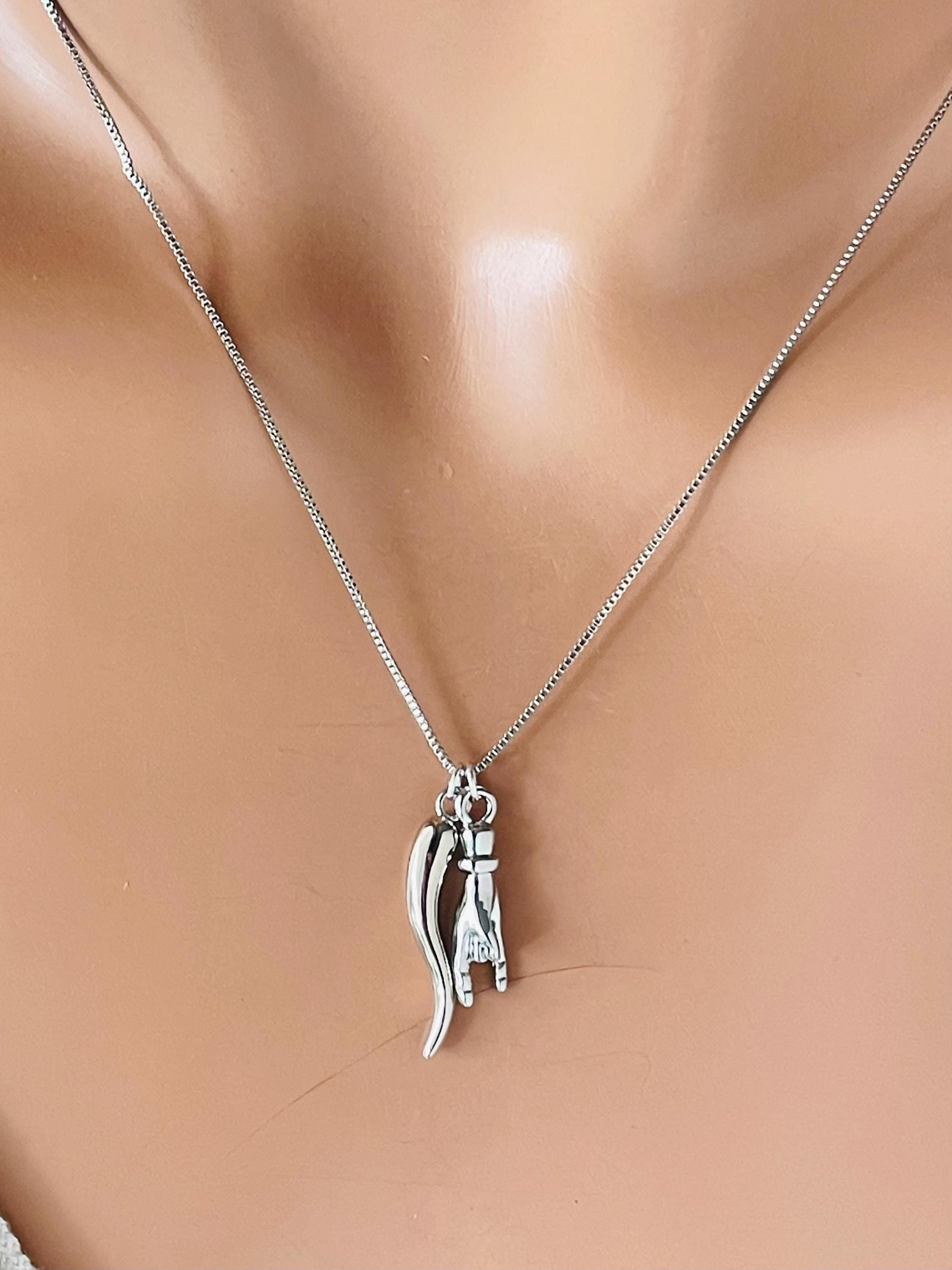 White Gold Filled Mano Cornuto Hand Horn Charm Necklace Gold 