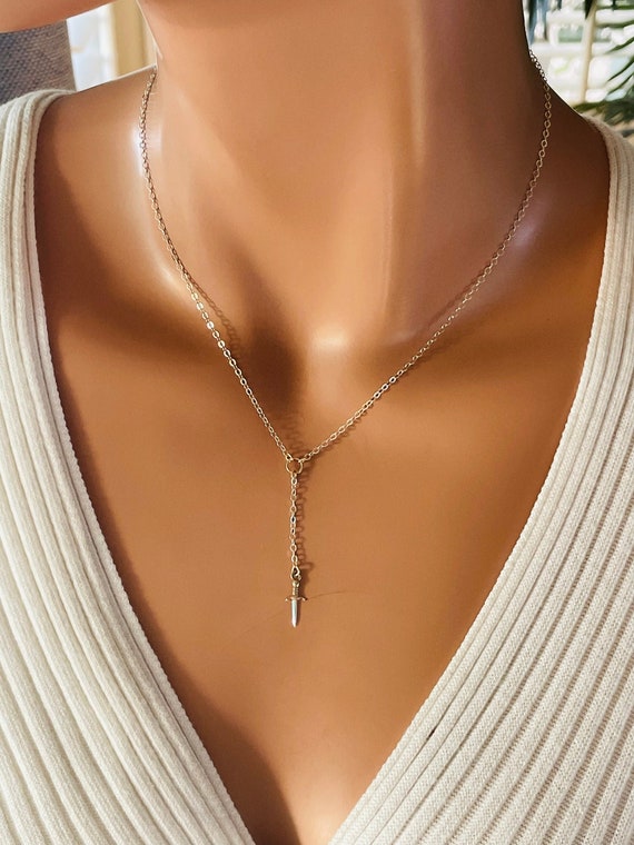 Small sterling silver dagger charm necklace women girls lariat charm necklace sword charm necklaces sterling Gold filled dagger necklace