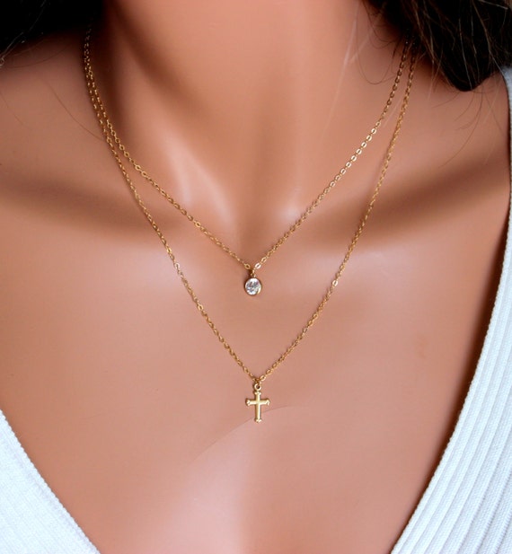 Gold Filled Layer Necklace Womens Goldfilled Cross Womens Minimalist Jewelry Bezel Crystal