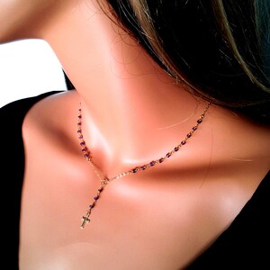 Amethyst Rosary Necklace SMALL AND DAIINTY Light Purple Gemstone Women Cross Pendant - February Birthstone Gold Cross