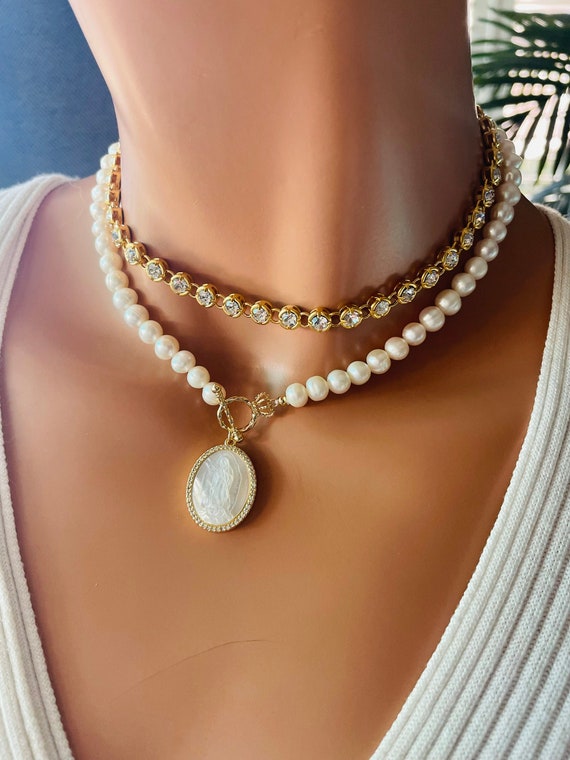 Pearl necklace women gold filled our lady of Guadalupe pendant necklace mother of pearl religious jewelry gift mom choker READ DESCRIPTION