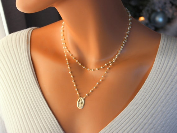 BEST SELLER Gold Miraculous Medal Necklace Women Pearl Necklaces Catholic Jewelry Multi strand Virgin Mary Pendant Gift