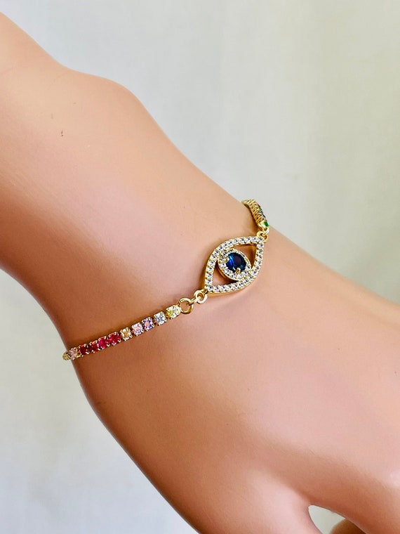 Evil eye bracelet 14 K gold filled evil eye bracelets, rainbow bracelet, protection jewelry colorful blue guy charm women gift