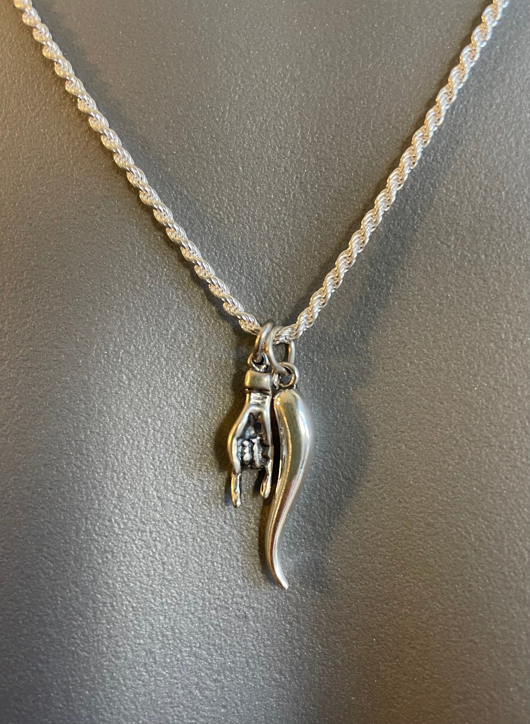 Sterling Silver Mano Cornuto Charm Necklace 925 Silver
